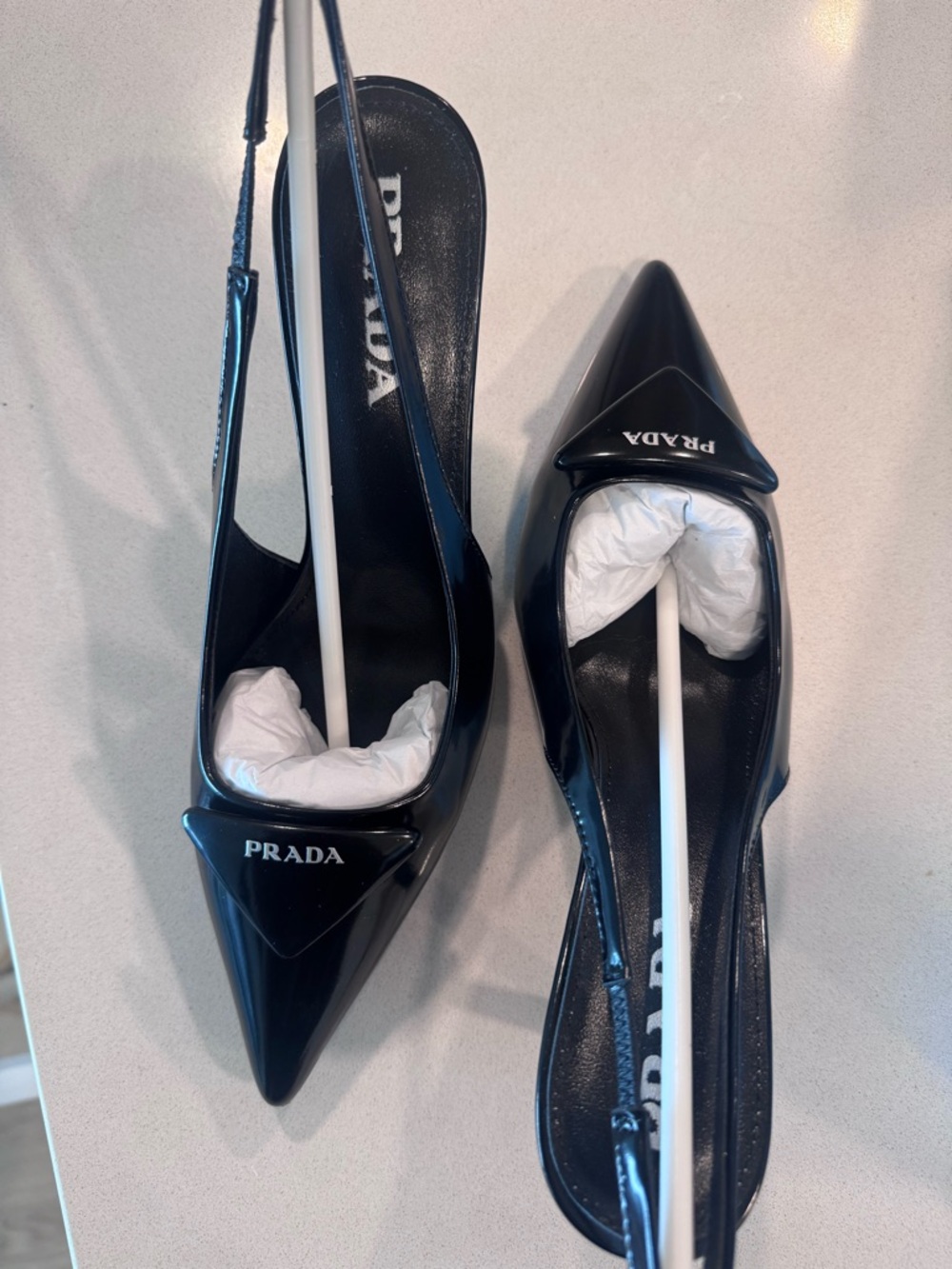 Prada Black Patent Leather Pointed Slingback Pumps with Logo